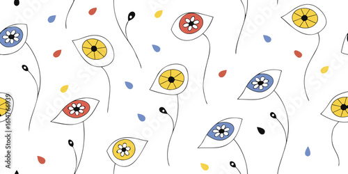 Whimsical hand drawn floral pattern with colorful abstract eye like flowers and scattered dots
