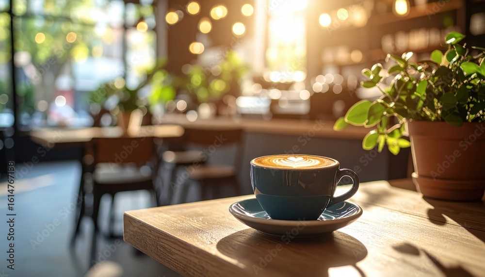Fototapeta premium Latte Art in a Blue Cup on a Wooden Table with Cafe Ambiance