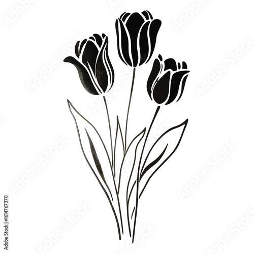 Black tulip silhouettes with leaves tulips flowers