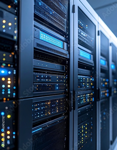 Data center server racks, glowing blue lights