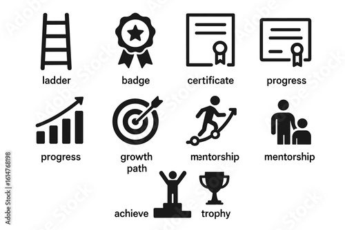 Icons representing progress, achievement, and mentorship in career development