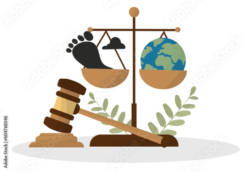 Environmental Law Carbon Footprint. Justice scales balancing carbon footprint against Earth isolated on transparent background.Environmental law and climate justice. Co2 emissions. Vector illustration