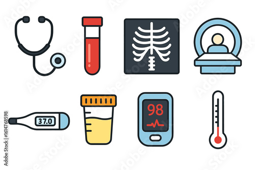 Healthcare icons: stethoscope, test tube, x-ray, mri, thermometer, urine sample, glucometer