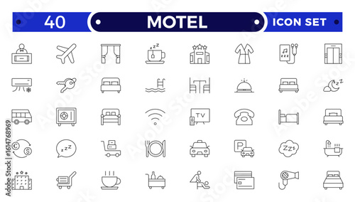 Motel outline icon set. Hotel icon set. Hotel services related line icons: room, rental, reservation, hotel booking, parking, bellboy, breakfast, travel, vacation, holiday and more.