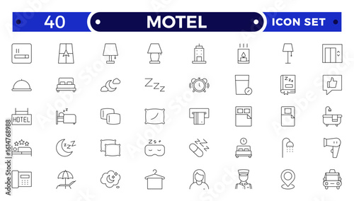 Motel outline icon set. Hotel icon set. Hotel services related line icons: room, rental, reservation, hotel booking, parking, bellboy, breakfast, travel, vacation, holiday and more.