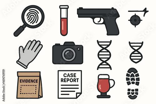 Crime investigation elements: fingerprint, dna, gun, camera, evidence icons