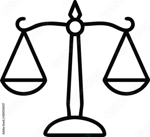 Black and white line drawing of a balanced scale justice legal