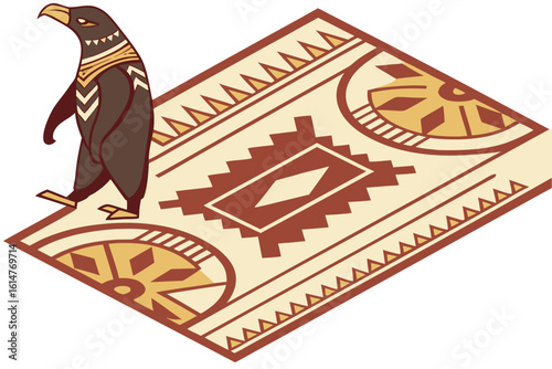 Stylized bird figure standing on a patterned rug with geometric shapes and warm earth tone colors present