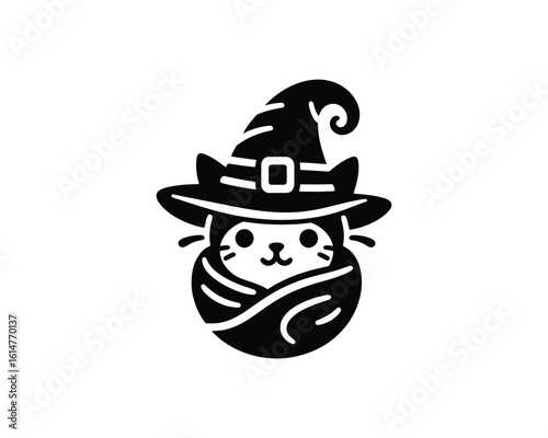 Black and White Halloween Cat Witch Vector Illustration