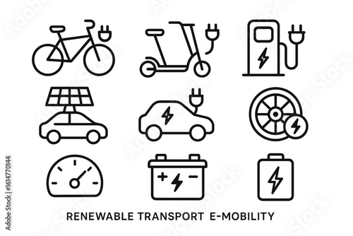 Renewable transport and e-mobility icons: bicycle, scooter, charging station, electric car