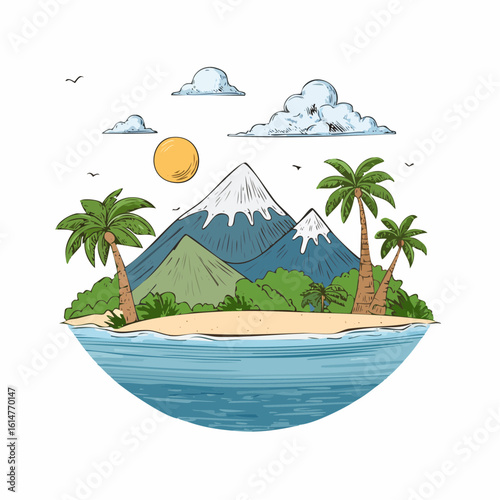 Beautiful tropical landscape with hand drawn paradise islands with mountains and palm trees on beaches with ocean and clouds in sky. 