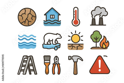 Climate change icons depicting global warming and environmental issues