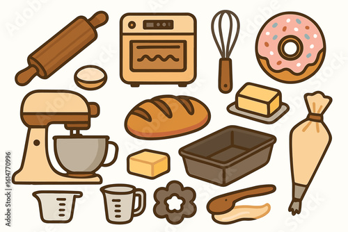 Colorful baking icons: mixer, oven, bread, donut, butter, baking tools