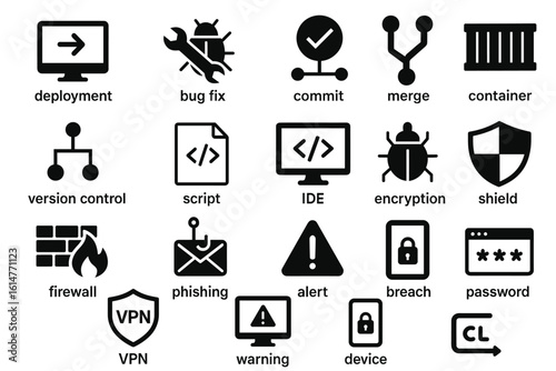 Essential software development and cybersecurity icons collection