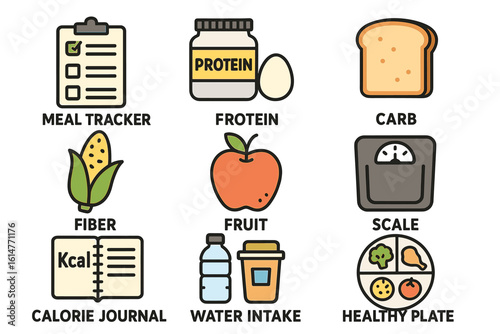 Nutrition icons: meal tracker, protein, carb, fiber, fruit, scale, journal, water, healthy plate