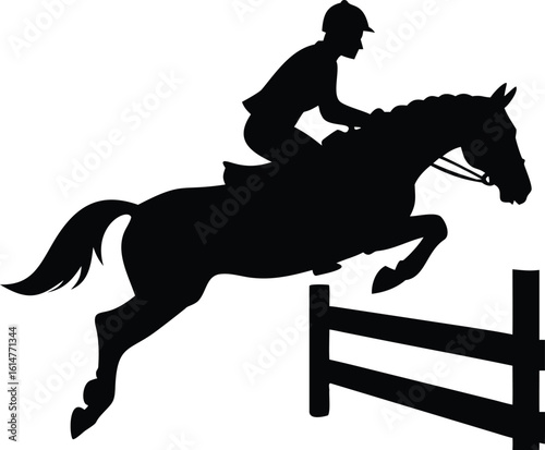 Silhouette of Horse and Rider Jumping Over Fence in Equestrian Sport Image