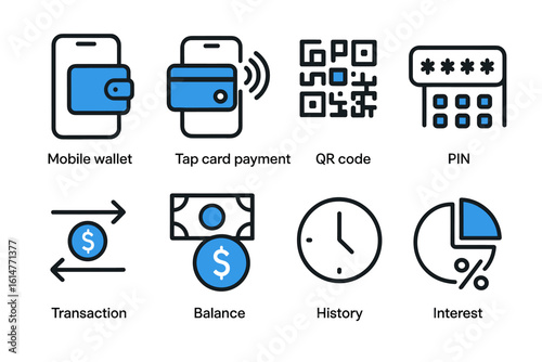 Mobile wallet and payment icons: qr code, pin, transaction, balance, history