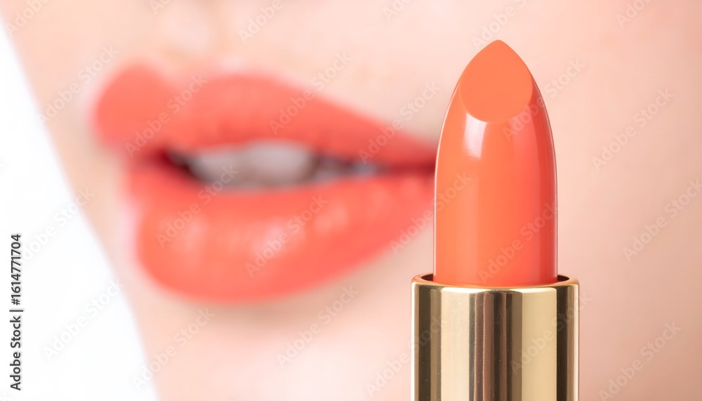 Obraz premium Coral Lipstick Close-up with Blurred Lips in Background