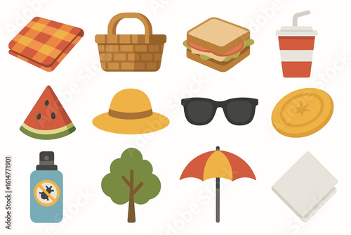 Picnic essentials icons: blanket, basket, sandwich, drink, watermelon, hat, sunglasses, coin, insect spray, tree, umbrella, napkin