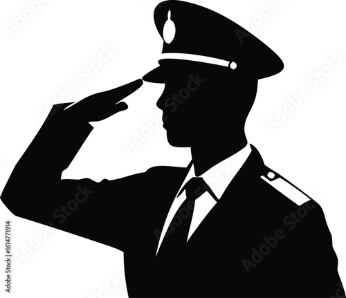 Silhouette of Military Officer Saluting in Black and White Against a White Background