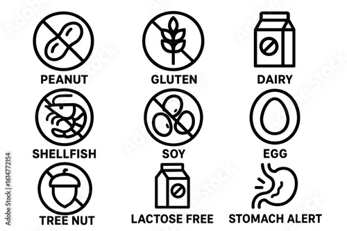 Allergen warning symbols: peanut, gluten, dairy, shellfish, soy, egg, tree nut, lactose free, stomach alert