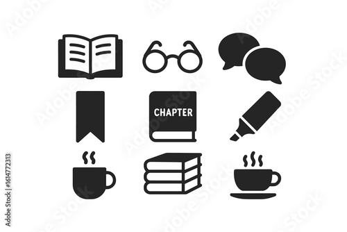 Book club icons: books, glasses, speech bubbles, mug, highlighter, bookmark