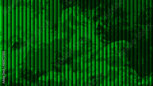 Abstract visually striking background with vertical striped bars in varying shades of glowing green.  Smoky, marbled, or cloudy texture depth and an illusion with structured pattern.