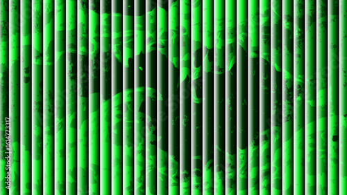 Abstract visually striking background with vertical striped bars in varying shades of glowing green.  Smoky, marbled, or cloudy texture depth and an illusion with structured pattern.