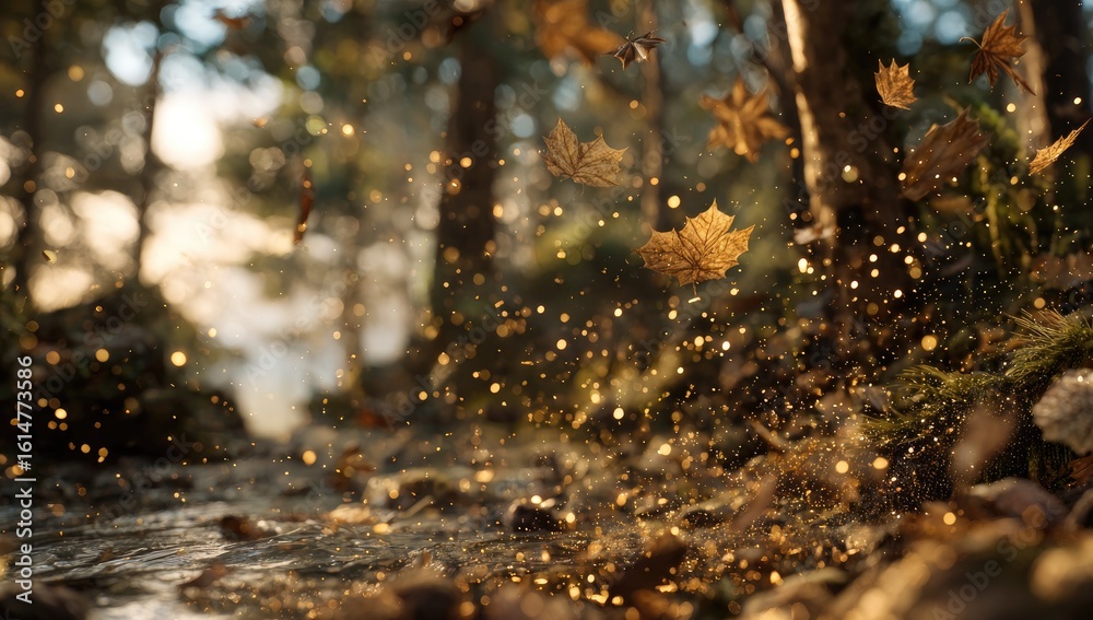 Obraz premium Golden autumn leaves falling in a forest stream