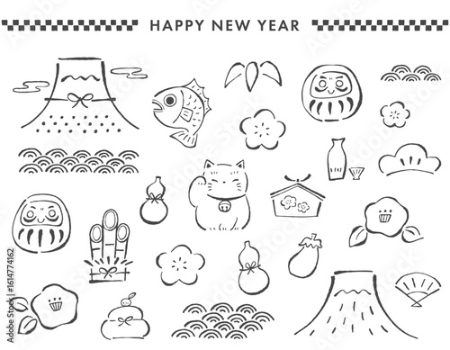 日本のお正月、新年の縁起物などのイラストセット。手描きのゆるい線画。