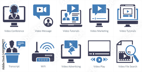 A set of 10 mix icons as video conference, video message, video tutorials