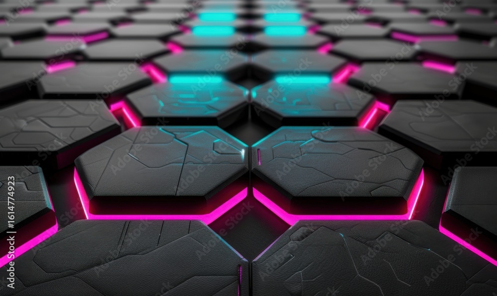 Obraz premium Abstract geometric hexagon pattern with neon lighting tech background design
