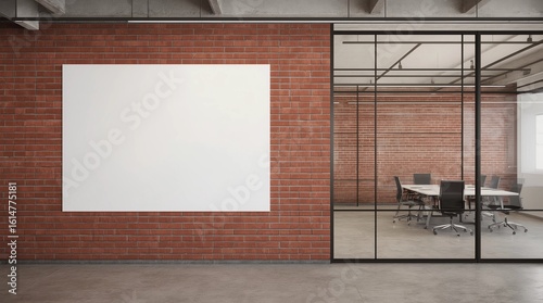 Blank horizontal poster mock up on the red brick wall in office interior. 3d illustration