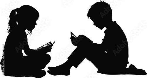 Silhouette of Young Girl Reading Book and Boy Using Tablet on White Background