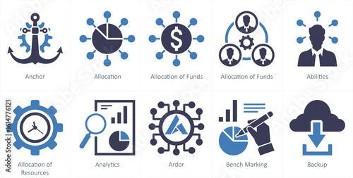 A set of 10 mix icons as anchor, allocation, allocation of funds