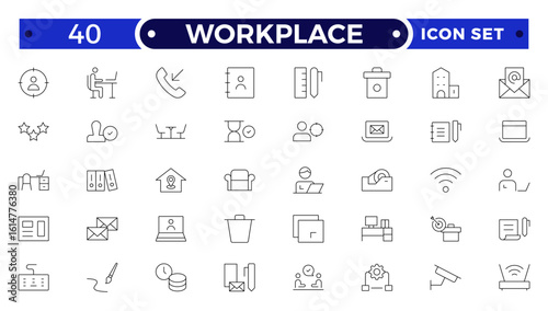 Workplace Outline icon set. Office icon set. Containing briefcase, desk, computer, meeting, employee, schedule and co-worker symbol. Outline workspace icons vector collection.