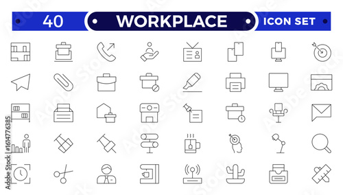 Workplace Outline icon set. Office icon set. Containing briefcase, desk, computer, meeting, employee, schedule and co-worker symbol. Outline workspace icons vector collection.