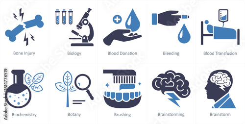 A set of 10 mix icons as bone injury, biology, blood donation