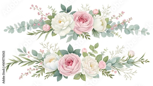 Delicate watercolor floral arrangements featuring soft pink roses and white peonies with lush eucalyptus leaves, perfect for wedding invitations, branding, and elegant stationery designs