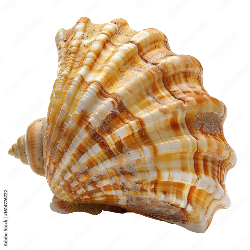 Obraz premium Close-up of a seashell, light tan with intricate, ribbed patterns