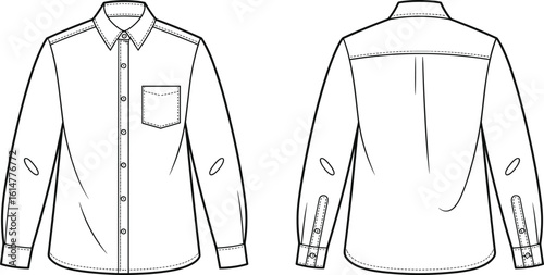 Cad drawing flat vector illustration of men’s button-up shirt with front and back view, technical fashion sketch, collar detail
