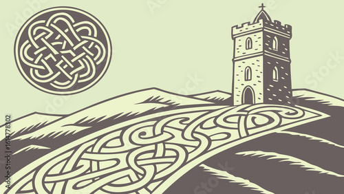 Illustration of a tower on a hill with a celtic knot road and a celtic knot circle in the sky
