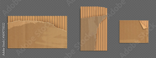 Brown torn cardboard sheets with ripped edges and corrugated texture - recycled paper pieces of damaged packaging material. Realistic kraft envelope fragments for shipping or eco friendly designs.