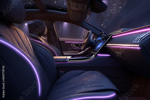 Luxury car interior with ambient neon lights, premium leather, and a starry night sky through the panoramic sunroof, modern vehicle