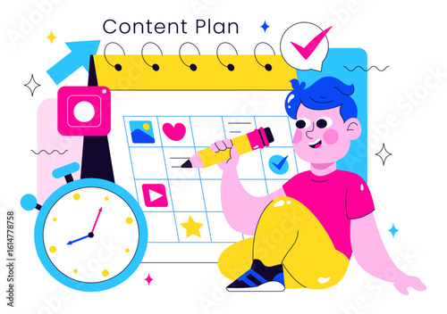 Social Media Content Planning Illustration Featuring People Making Notes on the Calendar with Scheduling Posts and Media Plan for Promotion Marketing