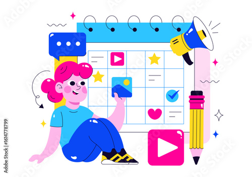 Social Media Content Planning Illustration Featuring People Making Notes on the Calendar with Scheduling Posts and Media Plan for Promotion Marketing
