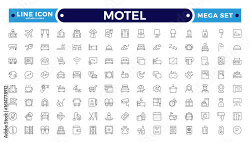 Motel outline icon set. Hotel icon set. Hotel services related line icons: room, rental, reservation, hotel booking, parking, bellboy, breakfast, travel, vacation. Editable stroke outline icon.
