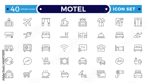 Motel outline icon set. Hotel icon set. Hotel services related line icons: room, rental, reservation, hotel booking, parking, bellboy, breakfast, travel, vacation. Editable stroke outline icon.
