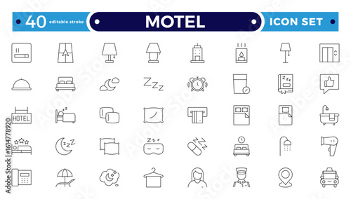 Motel outline icon set. Hotel icon set. Hotel services related line icons: room, rental, reservation, hotel booking, parking, bellboy, breakfast, travel, vacation. Editable stroke outline icon.
