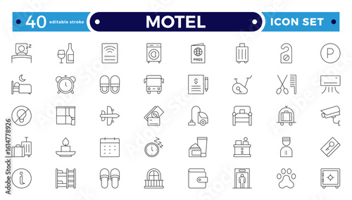 Motel outline icon set. Hotel icon set. Hotel services related line icons: room, rental, reservation, hotel booking, parking, bellboy, breakfast, travel, vacation. Editable stroke outline icon.
